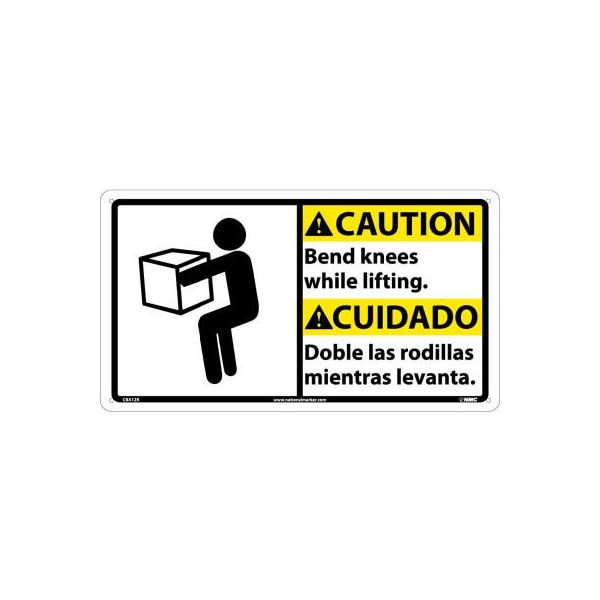 Bilingual Plastic Sign - Caution Bend Knees While Lifting
